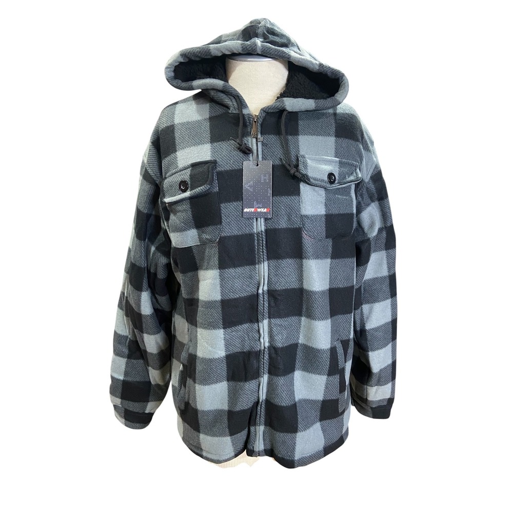 Outerwear Mens Hooded Flannel Jacket L Grey Black Buffalo Plaid Sherpa Lined NWT
